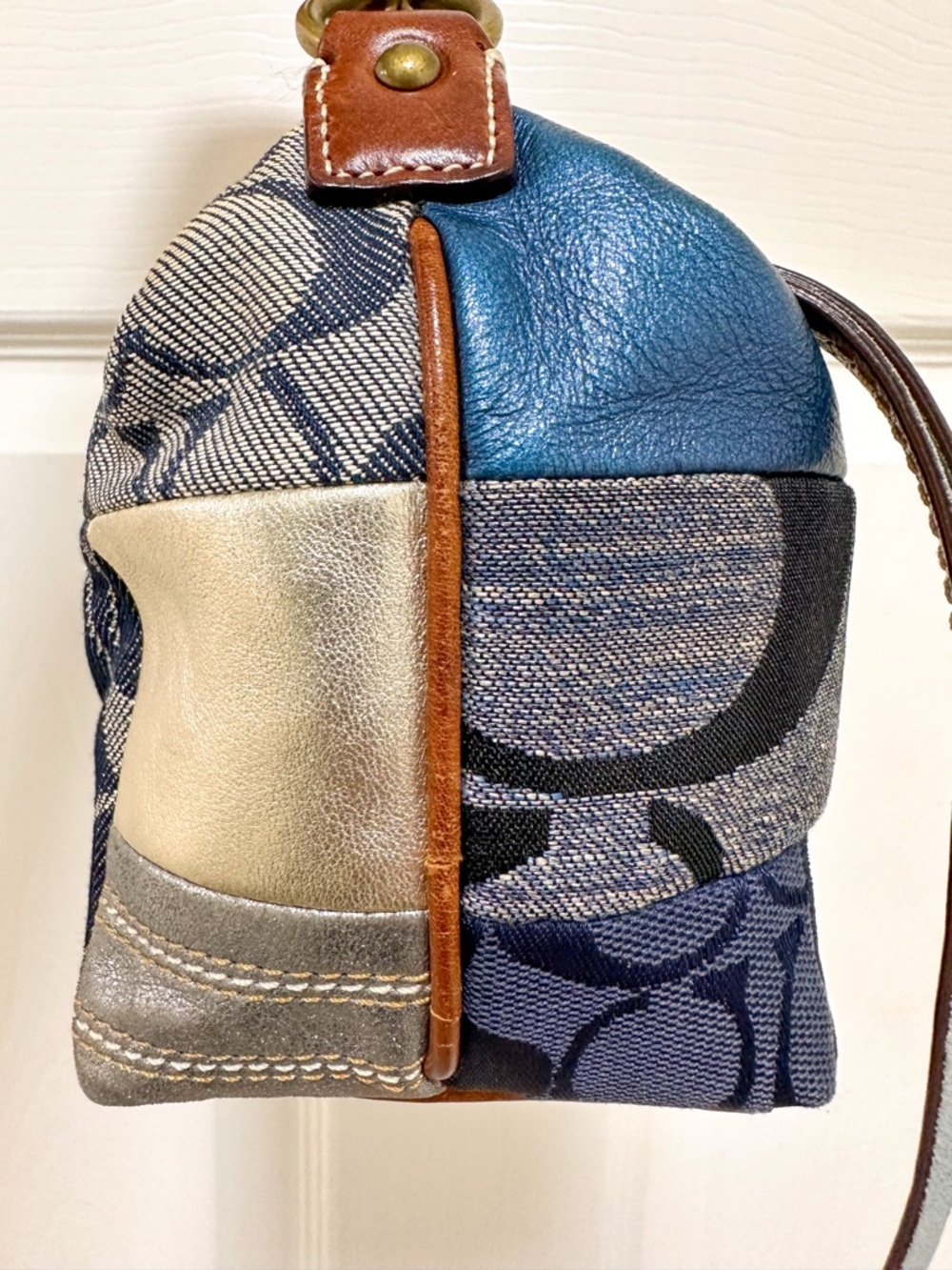 Coach Denim Patchwork Demi Bag Blue Multi Leather Trim Baguette Vintage Y2K - Picture 9 of 14
